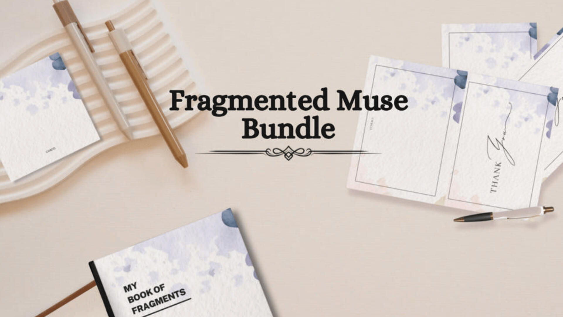 The Fragmented Muse Bundle — Writer’s Stationery for Thoughtful Moments Flat-lay image of the Fragmented Muse Bundle including a minimalist notepad titled “My Book of Fragments,” matching thank-you cards, and writing accessories. A soft, dreamy stationery set designed to inspire daily writing rituals and add story-driven beaut