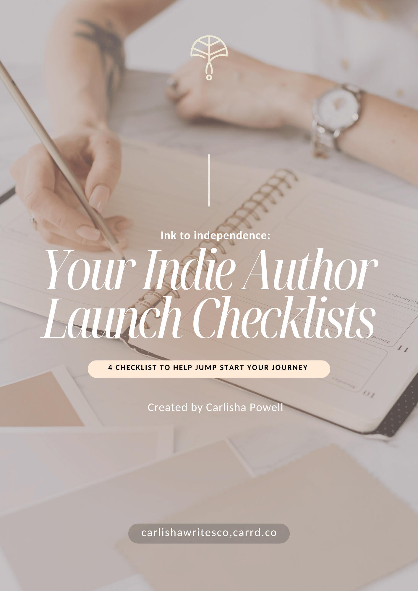 Free Indie Author Launch Checklists – Self-Publishing Starter Tools Flat lay image of a hand writing in a spiral-bound notebook with the title “Your Indie Author Launch Checklists” overlaid on the image.