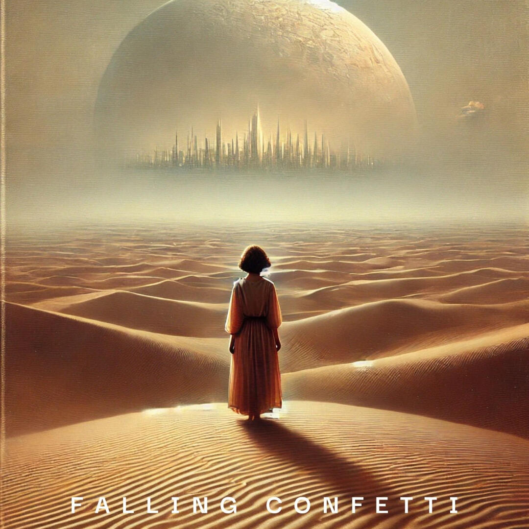 Falling Confetti – A Surreal Descent Into the Unseen A lone figure stands in a golden desert beneath a glowing planet, facing a distant futuristic city skyline. The image evokes mystery, isolation, and a sense of journey—cover art for the psychological fiction book Falling Confetti.