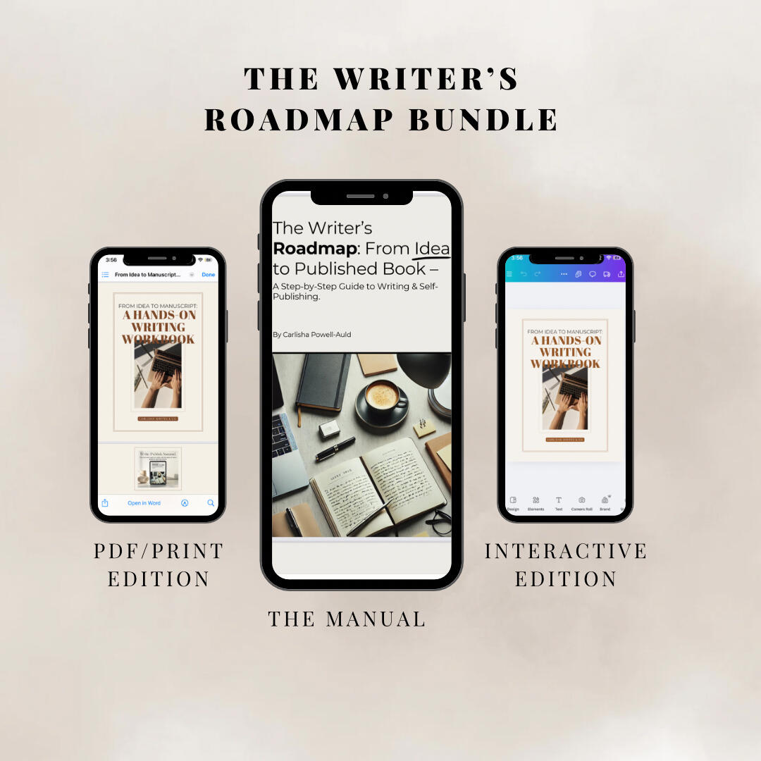 The Writer’s Roadmap Bundle — One Toolkit, Three Powerful Formats Mockup of The Writer’s Roadmap Bundle displayed on three mobile devices, showcasing the PDF/print edition, interactive workbook, and step-by-step manual for aspiring authors. Designed by Carlisha Writes & Co. to support writers at every stage—from idea to